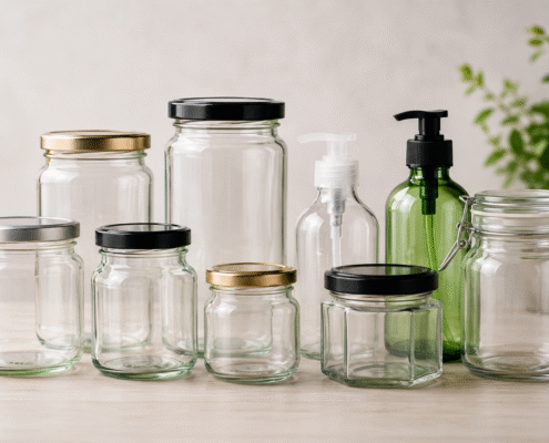 Diferentes tipos de envases de vidrio y PET para distintas industrias